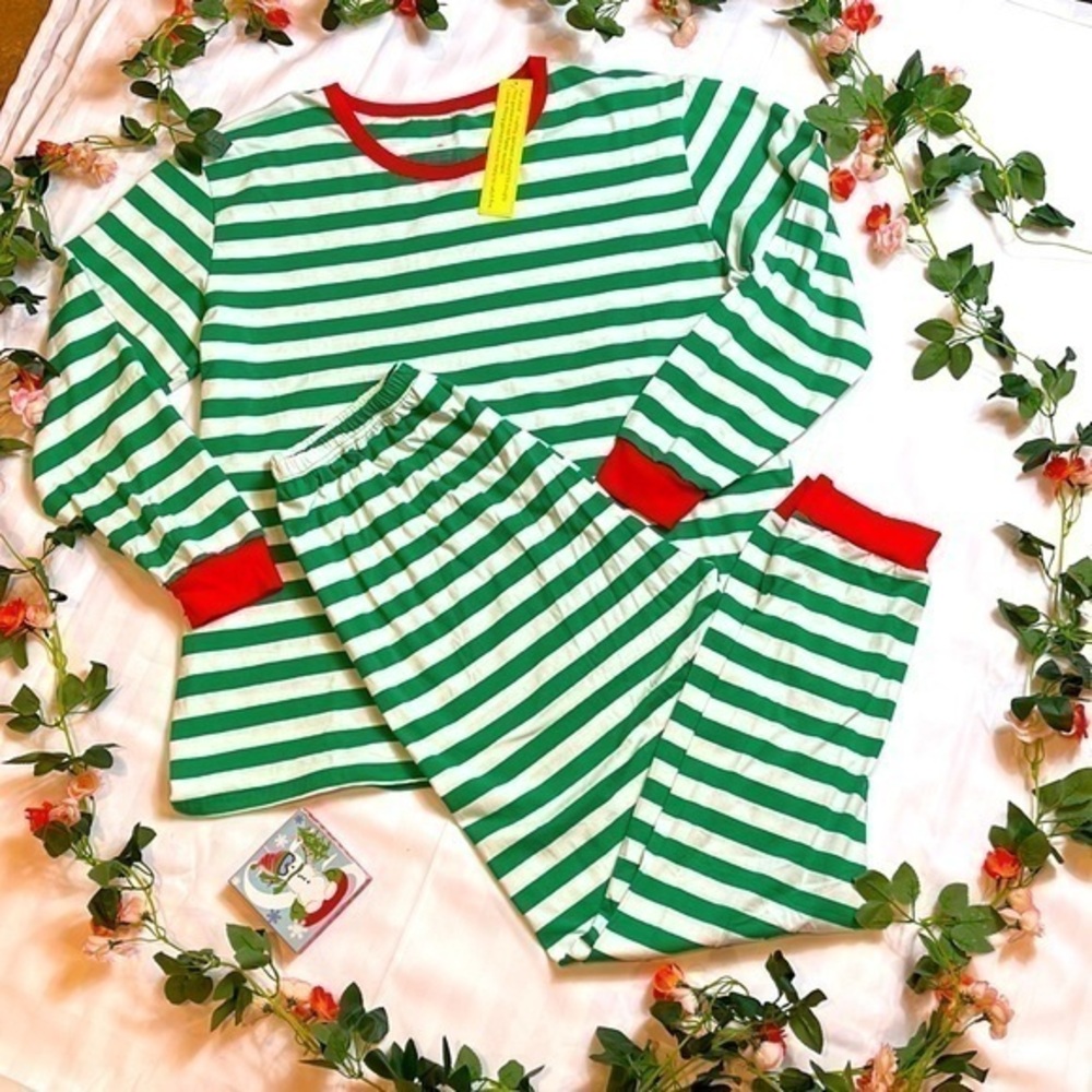 Green STRIPE ORGANIC ADULT UNISEX PAJAMAS‎ Size XL 100% Cotton-Christmas PJs